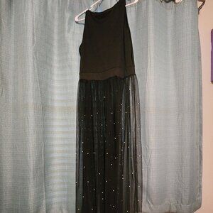 Women's Black Tank Dress with Sheer Bottom and Faux Pearl Accents- Size XL